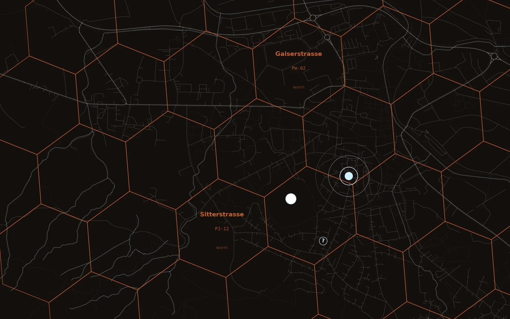 The hexagon map of Appenzell over its real streets. As you scroll, Marktgasse, Hauptgasse and the cell below turn green and Bahnhofstrasse lights faintly, fading; the rest stays warm in ember.