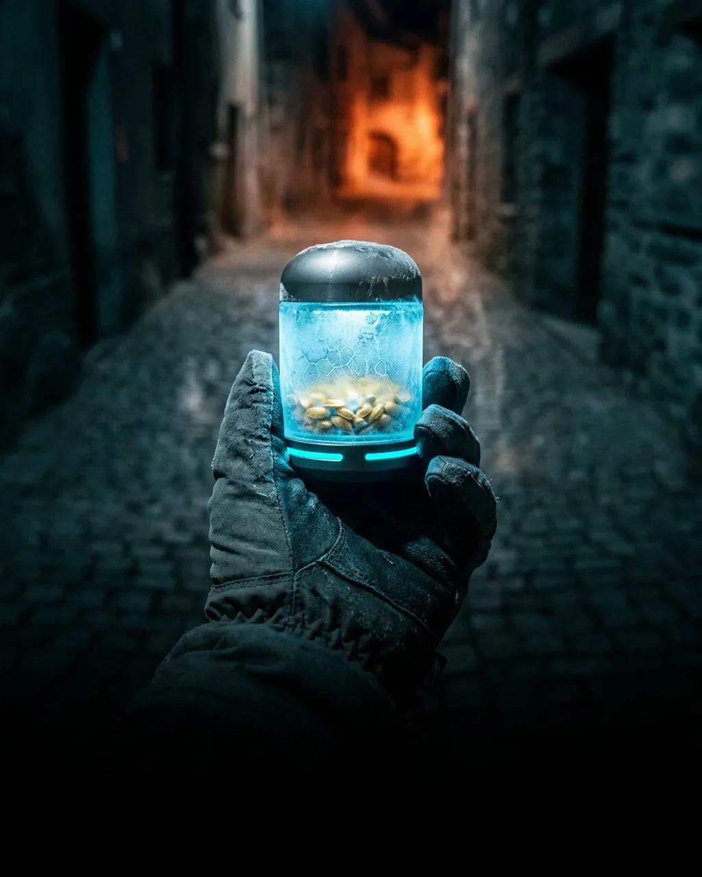 A gloved hand holding a frosted capsule with seeds inside, an ember-lit alley behind