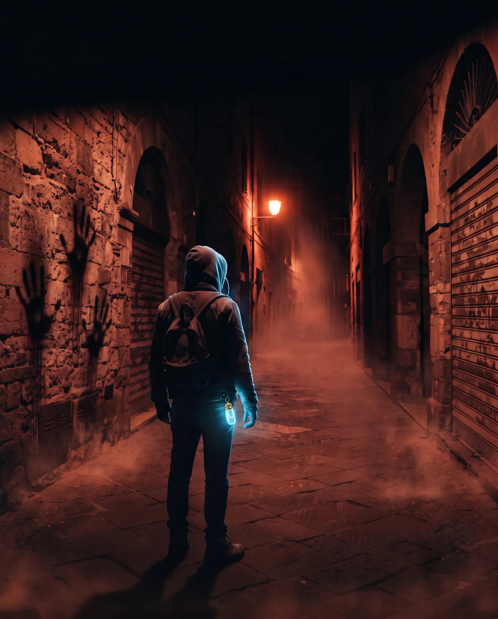 The same night street, empty now, a capsule's cold light the only thing moving