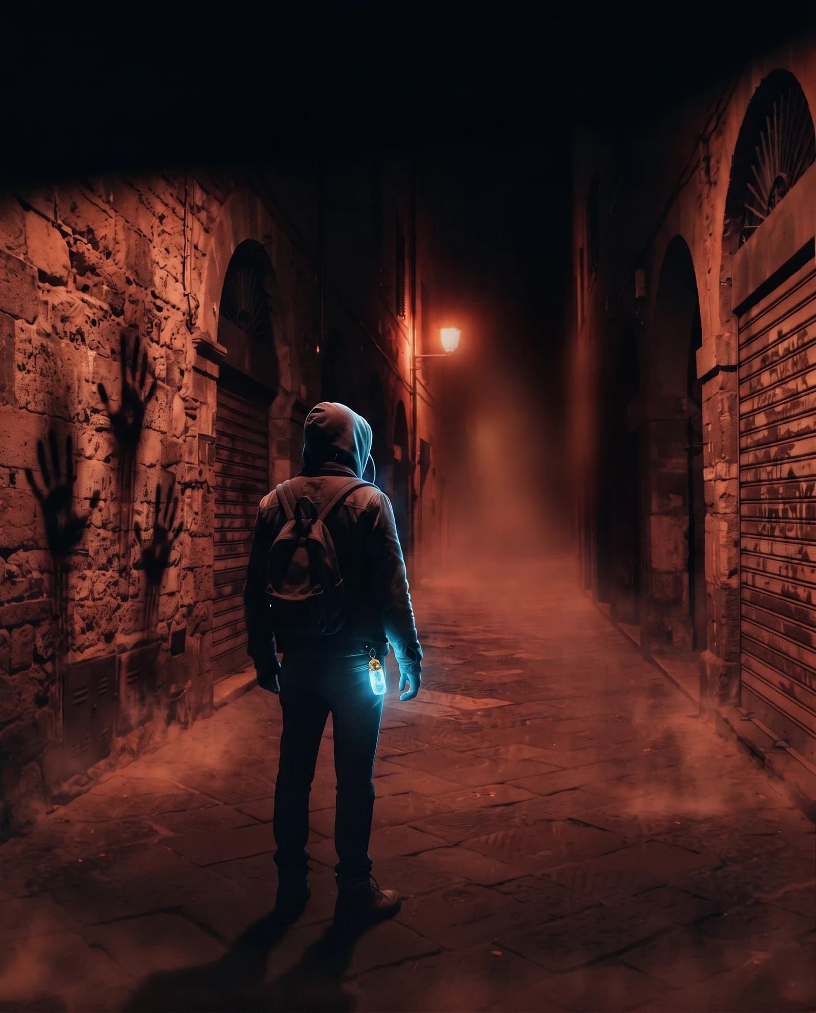 A hooded Canary in a narrow night street, a capsule glowing cold at their hip, something faint in the haze under the far lamp